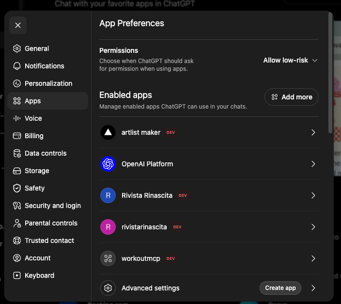 ChatGPT app preferences screen with the Create app button next to Advanced settings