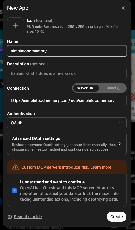 ChatGPT new app form with the name, server URL, and OAuth authentication filled in