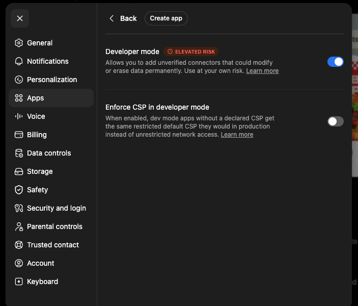 ChatGPT advanced app settings with the developer mode switch turned on