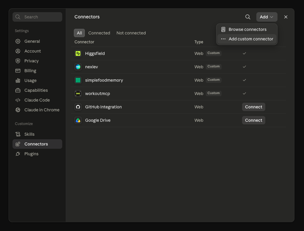 Claude connectors settings with the Add menu open and Add custom connector highlighted