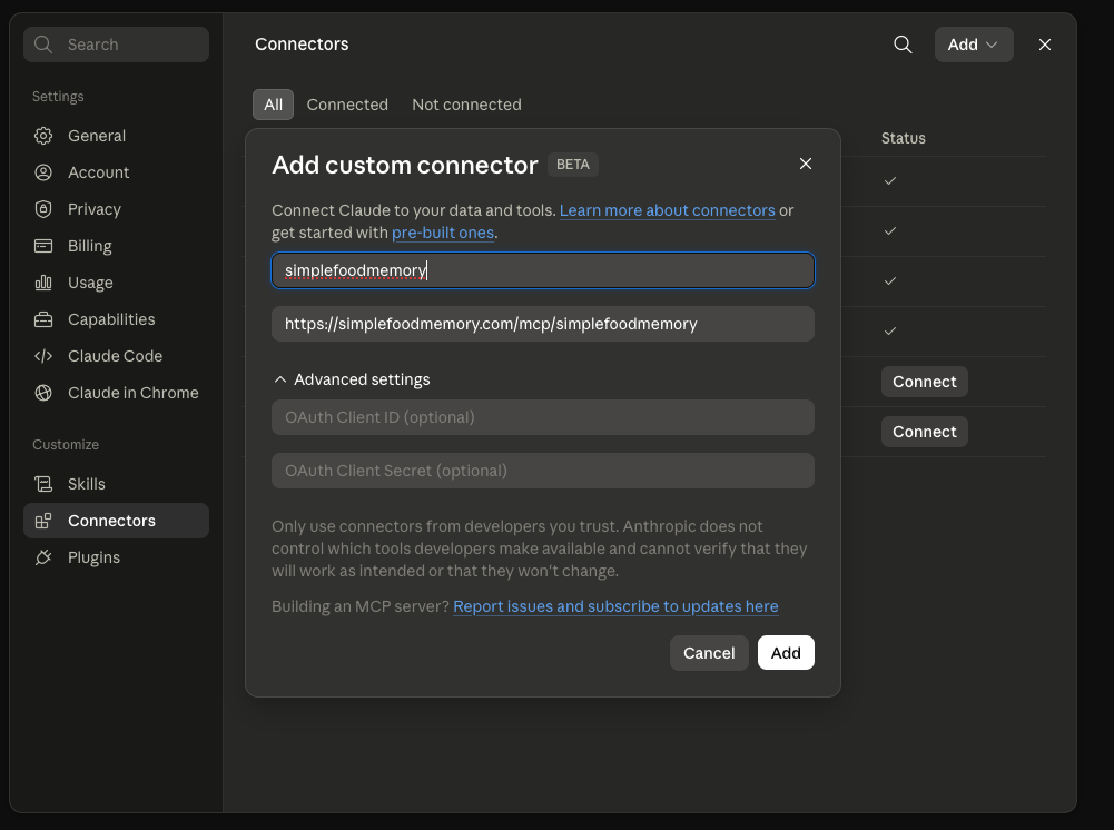 Claude add custom connector dialog with the name and server URL filled in
